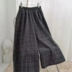 Wide Leg Loose Plaid Women Wool Pants Autumn Winter Warm Thick Elastic High Waist Calf-Length New Casual Office Lady Skirt Pants