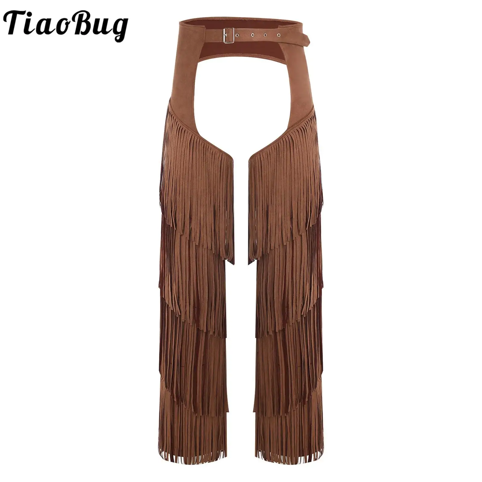 

Men Halloween Western Cowboy Open Crotch Pants Layered Fringe Adjustable Buckles Motorcycle Pants for Raves Parties Carnivals