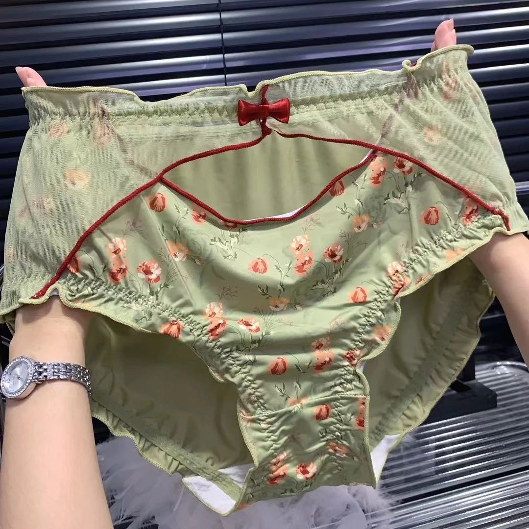 Braguitas de satén florales de cintura alta estilo chino para mujer, talla grande, lencería sexy de encaje transparente, bragas huecas para curvas.