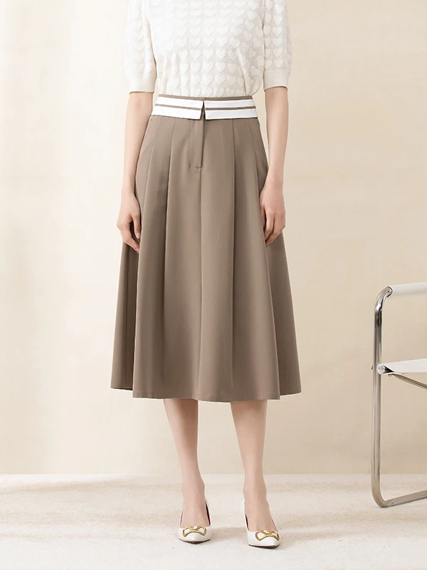 

Юбка миди с высокой талией Ele, цвета хаки и синего, в стиле Хепберн, с цветовыми блоками, А-силуэт, для женщин, для офиса, простая, из полиэстера