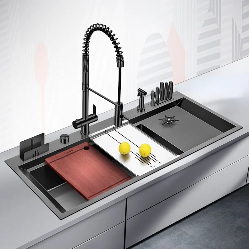 Kitchen Sink Large Size Nanometer  Sink Cup Rinser Sink 4mm Thickness 220mm Depth Drain Plate Knife Holder  Kitchen Sink