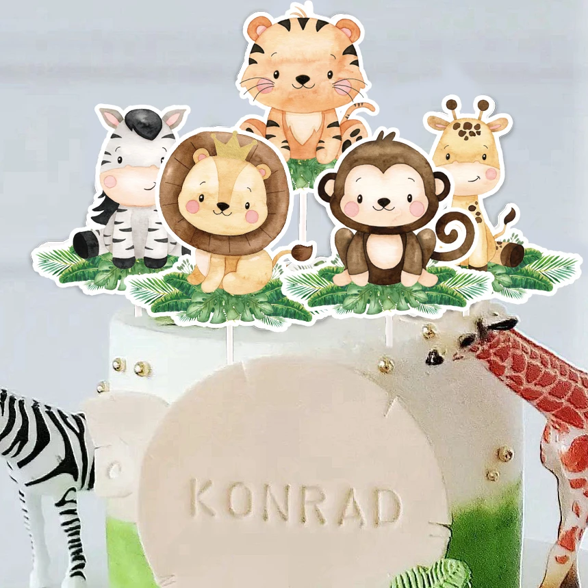 18pcs Carton Animal Cake Topper Paper Cupcake Toppers for Jungle Safari Forest Happy Birthday Party Decoration DIY Cake Supplies