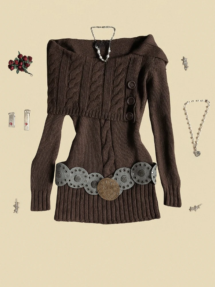 

Женский вязаный винтажный свитер с открытыми плечами, коричневый облегающий трикотаж с длинными рукавами, пуловер во французском стиле ретро Y2k, осенне-зимняя одежда 2025