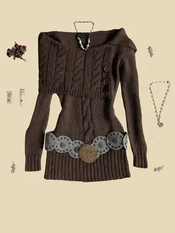 Women Off Shoulder Knit Vintage Sweater Brown Long Sleeve Slim Fit Knitwear Pullover French Retro Y2k Autumn Winter Outfits 2025