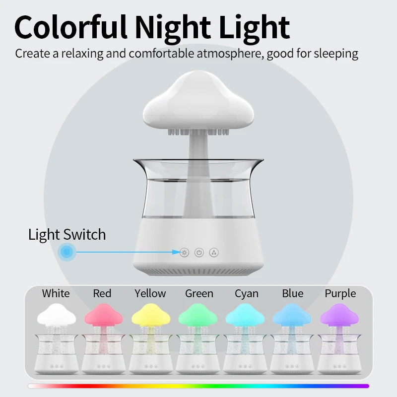 Humidificador de luz nocturna de nube de lluvia con sonido de gota de agua de lluvia y luz led de 7 colores, difusor de aceite esencial, aromaterapia