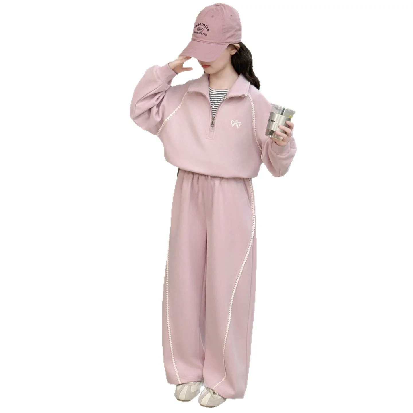 سترة بناتي لخريف وشتاء 2025 من القماش والدانتيل الوردي مع قلنسوة + فيونكة فضفاضة واسعة الساق طقم أطفال للمراهقين 4 7 8 9 10 11 12 14 15 سنة