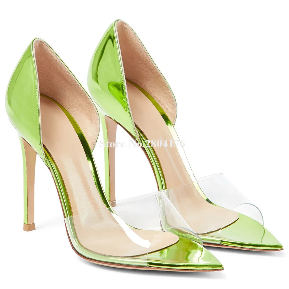 Sexy PVC Patchwolk Stiletto Heel Pumps Pointed Open Toe Green Nude Rose Gold Transparent Slip-on High Heels Wedding Heels