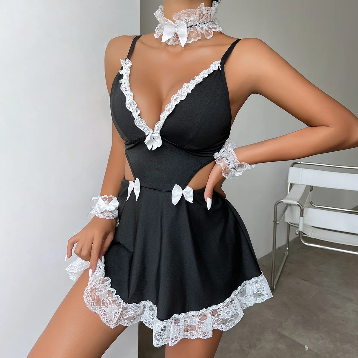 Dress Bow tie lace collar girl Nightgown lace evening dress Elegant woman dress clothing party dress women\'s Deep V-belt skirt