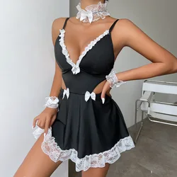 Dress Bow tie lace collar girl Nightgown lace evening dress Elegant woman dress clothing party dress women's Deep V-belt skirt