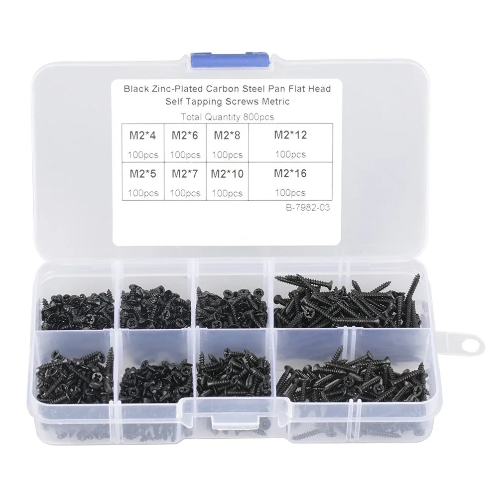 800pcs Cross Screws, M2 Black Carbon Steel Screwsl Countersunk Flat Cross Head Self Tapping Screws Set for Workers and Repairmen