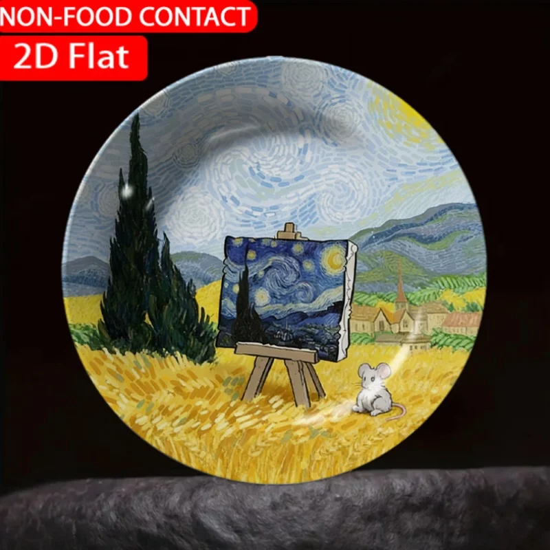 1pc Starry Night Canvas Mouse Ceramic Plate Non-Food Contact, Home Desk Ornaments, Living Room And Bedroom Decorations,