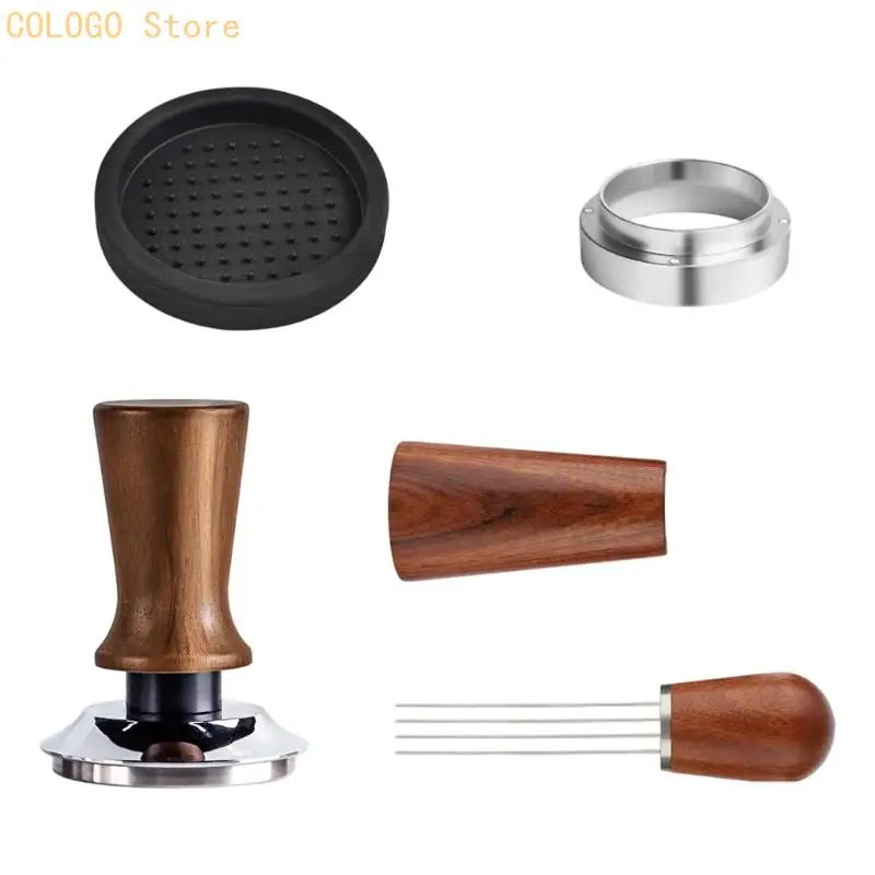 Coffee Tamping Tool Set with Guided Spring Pressing Structure, Wooden Handle, Steel Base, and Included Storage Stand D0LD