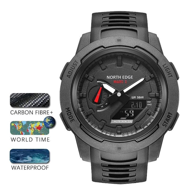 Mars 3 Sports Digital Watch 50m Waterproof LED Backlight Countdown Stopwatch World Time 5 Alarms Automatic Calendar For Men Gift