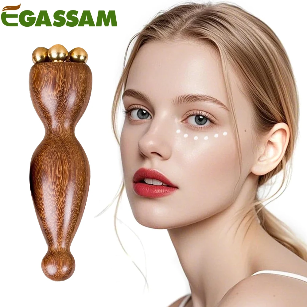 1PCS Mini Ice Roller, Sandalwood Facial Massage Tool, 5 Copper Beads for Face and Eyes, Travel Size