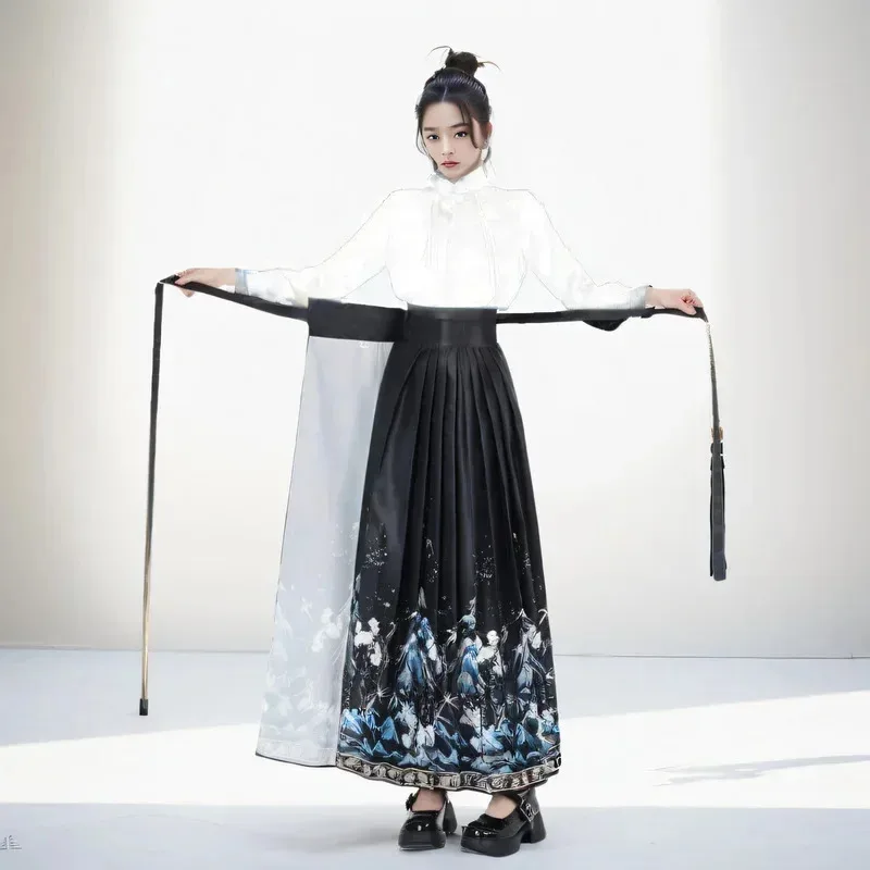 Elegant Ethnic Hanfu Pleated Skirt Women Long Chinese Style Horse Face Skirts Vintage Party Wear Vestido De Festa Faldas Mujer