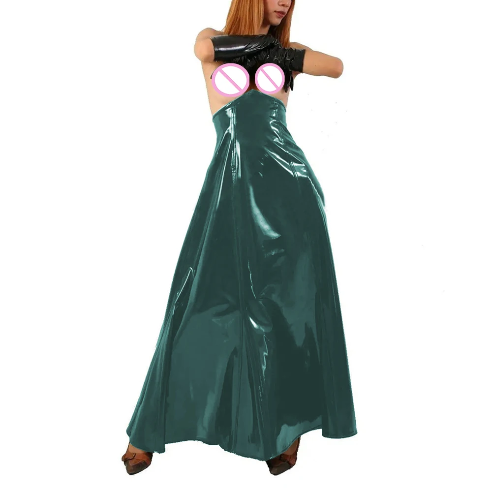 Sexy High Waist PVC Corset Long Dress, Exotic Hottie Club Dress,Bare Chest Backless A-line Dress,Faux Leather Flared Maxi Skirts