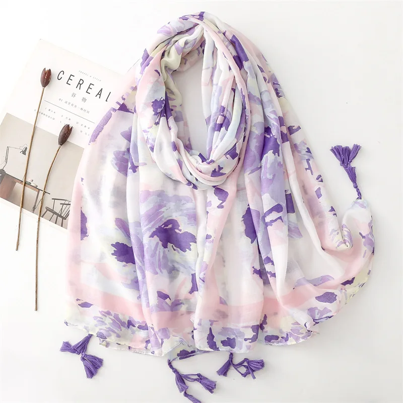 Ombre Gradient Painting Floral Tassel Viscose Shawl Scarf High Quality Print Soft Pashmina Stole Muslim Hijabs Sjaal 180*90Cm