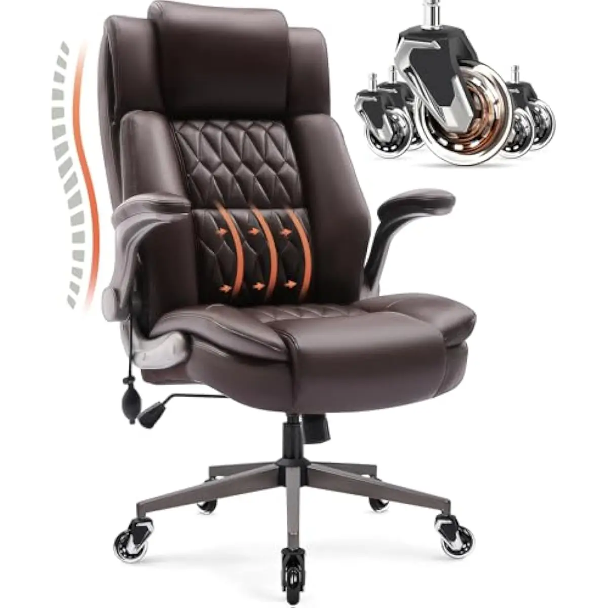 Large Ergonomic Executive Chair with Inflatable Lumbar Adjustment Seat Height Control Flip-Up Arms Rocking & Tilt Function Breat