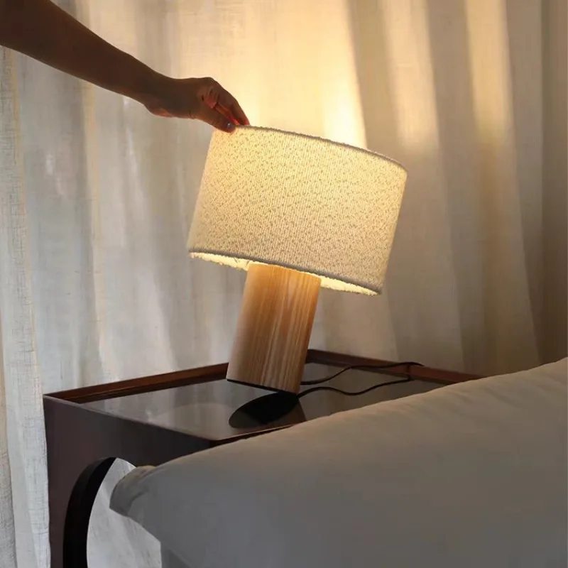 

Japanese Wabi-sabi Cylindrical Wooden Base Table Lamps White Fabric Lampshade Living Room Bedroom Restaurant Office Desk Lights