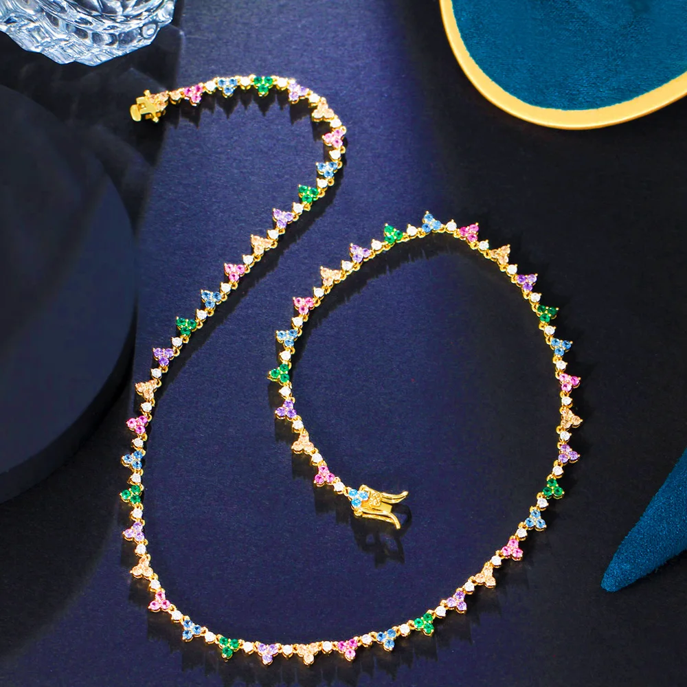 

Pera Yellow Gold Plated Colorful Cubic Zirconia Elegant Leaf Shape Tennis Choker Necklaces for Women Love Anniversary Gift P055