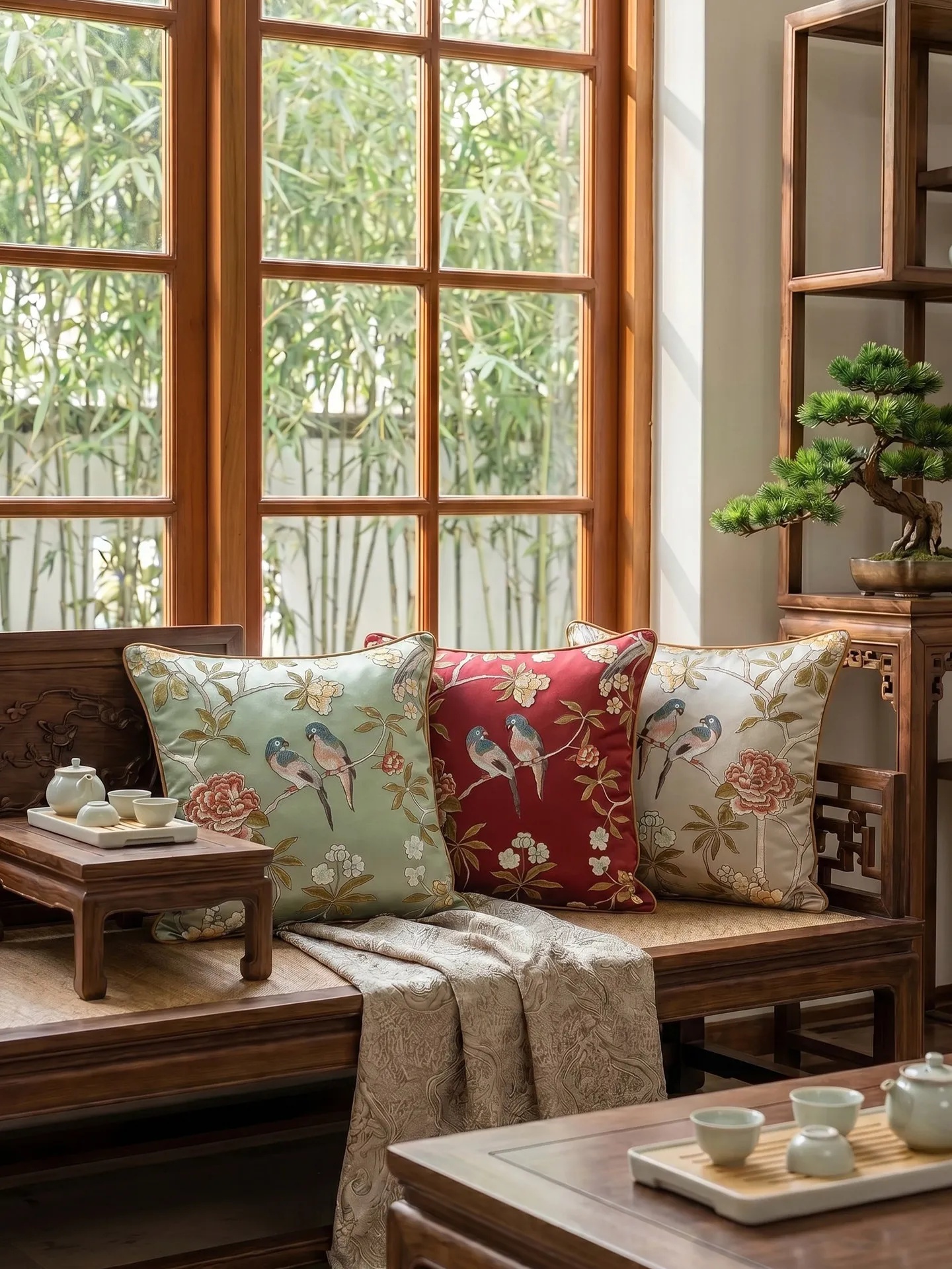 New Chinese Embroidered Throw Pillow Cover,Flower Bird Satin Cushion Cover, Luxury Decor Waist Pillow for Sofa Living Room Bed