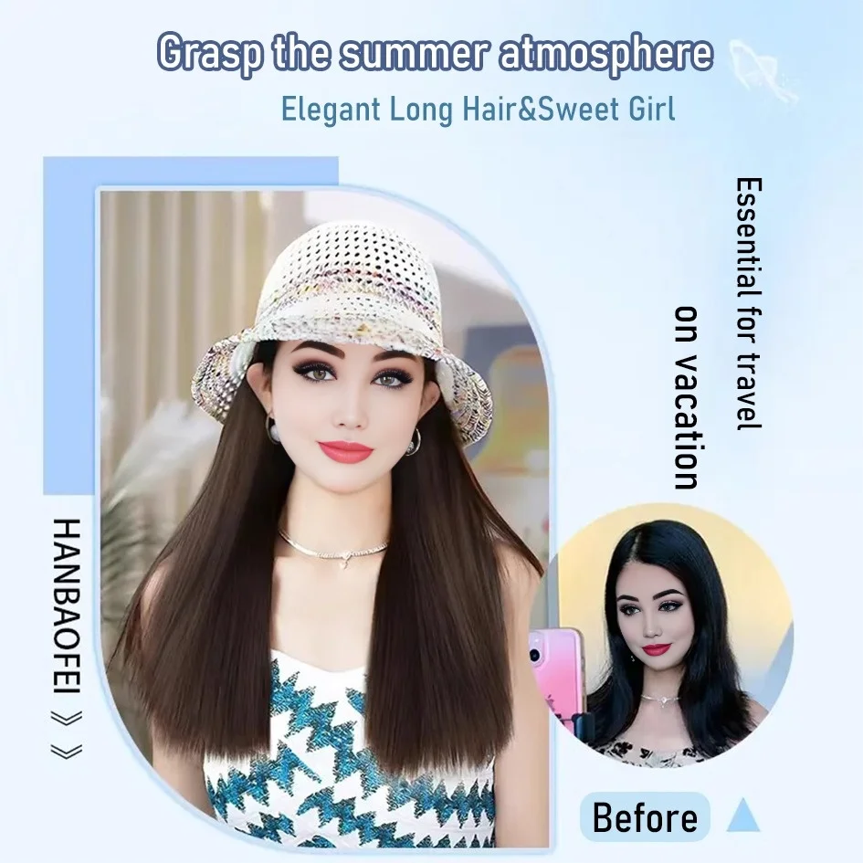 Synthetic 60cm fisherman hat long straight hair long curly hair wig baseball cap duckbill cap Lafite hat holiday hat Christmas