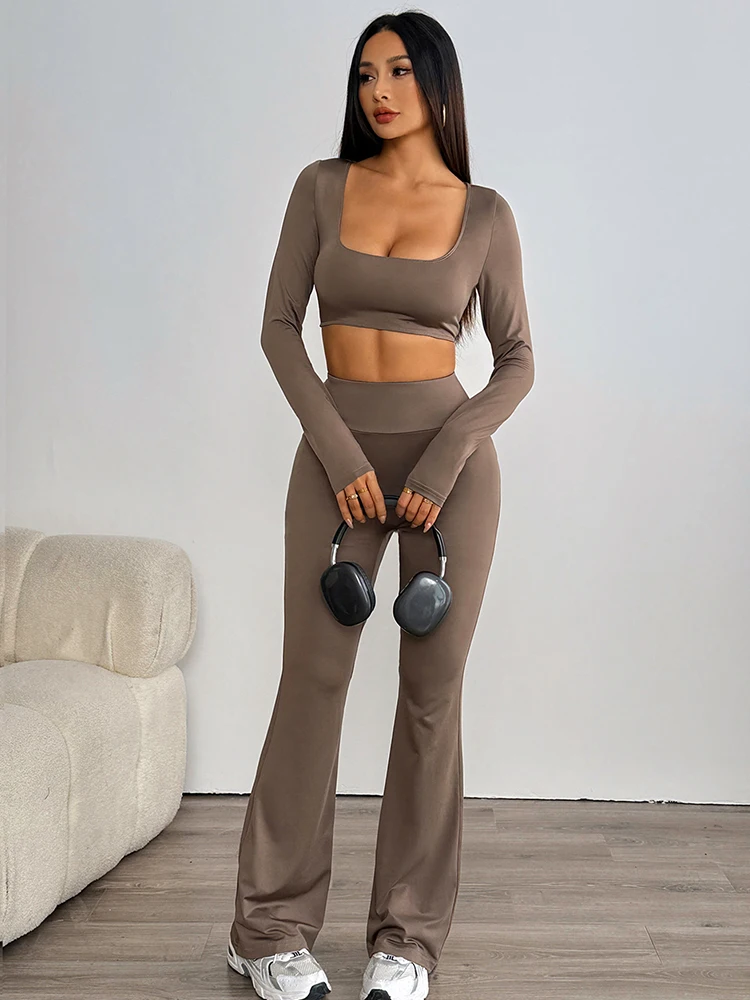 Women T-shirt Trousers 2 Piece Spring New Streetwear Fashion Casual Slim Sport Clothing Solid Sexy Low Chest Top Pants Lady Suit