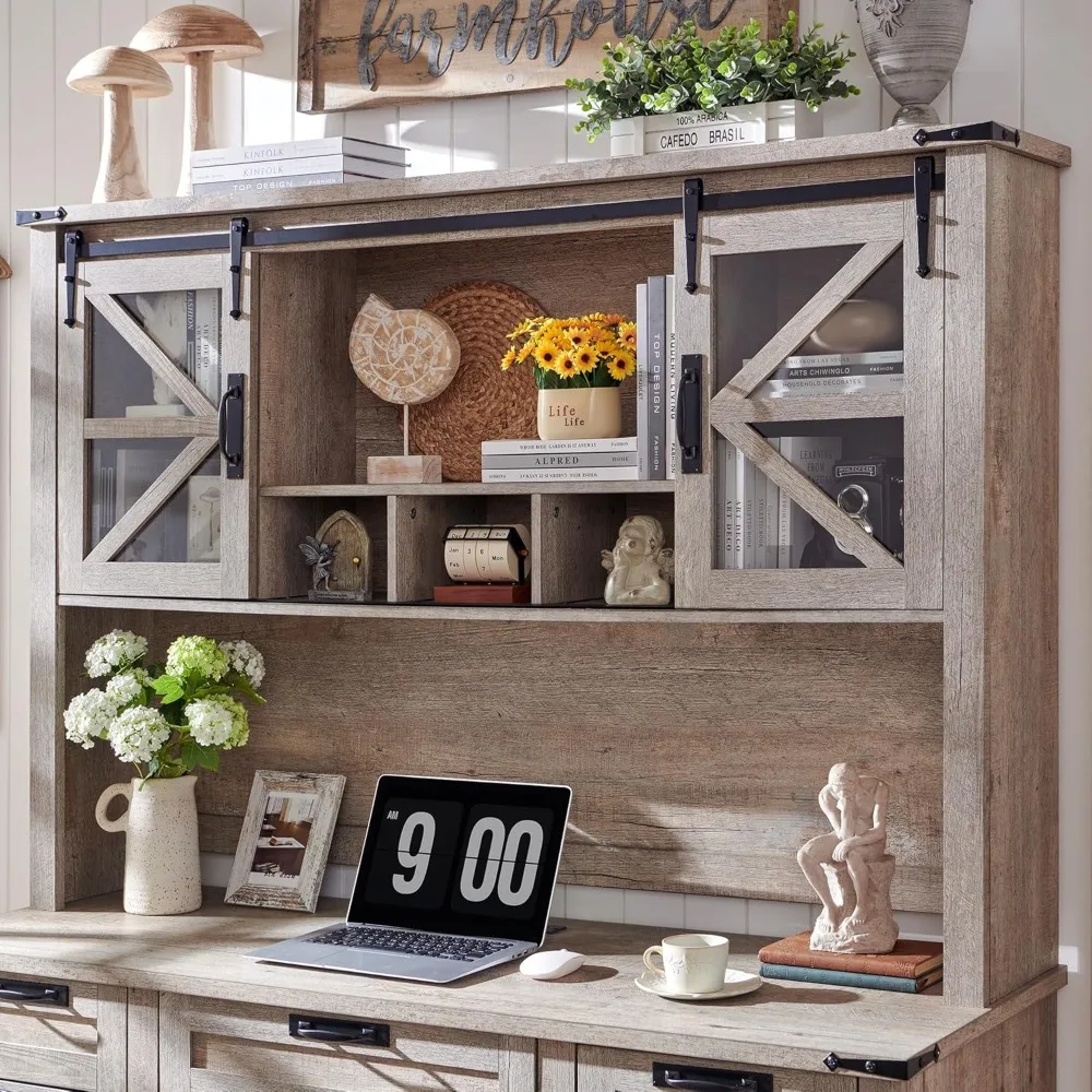 

42" Farmhouse Desk Hutch with Sliding Barn Door and Ample Storage/Display Space, Only Match Farmhouse Desk