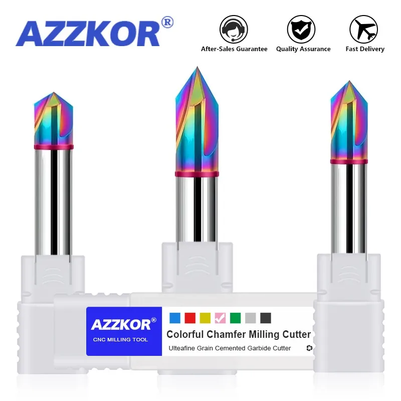 AZZKOR HRC60 60°90°120° Straight Groove Chamfer Milling Cutter Tungsten Steel Carbide Colorful Coating CNC Machining Endmill