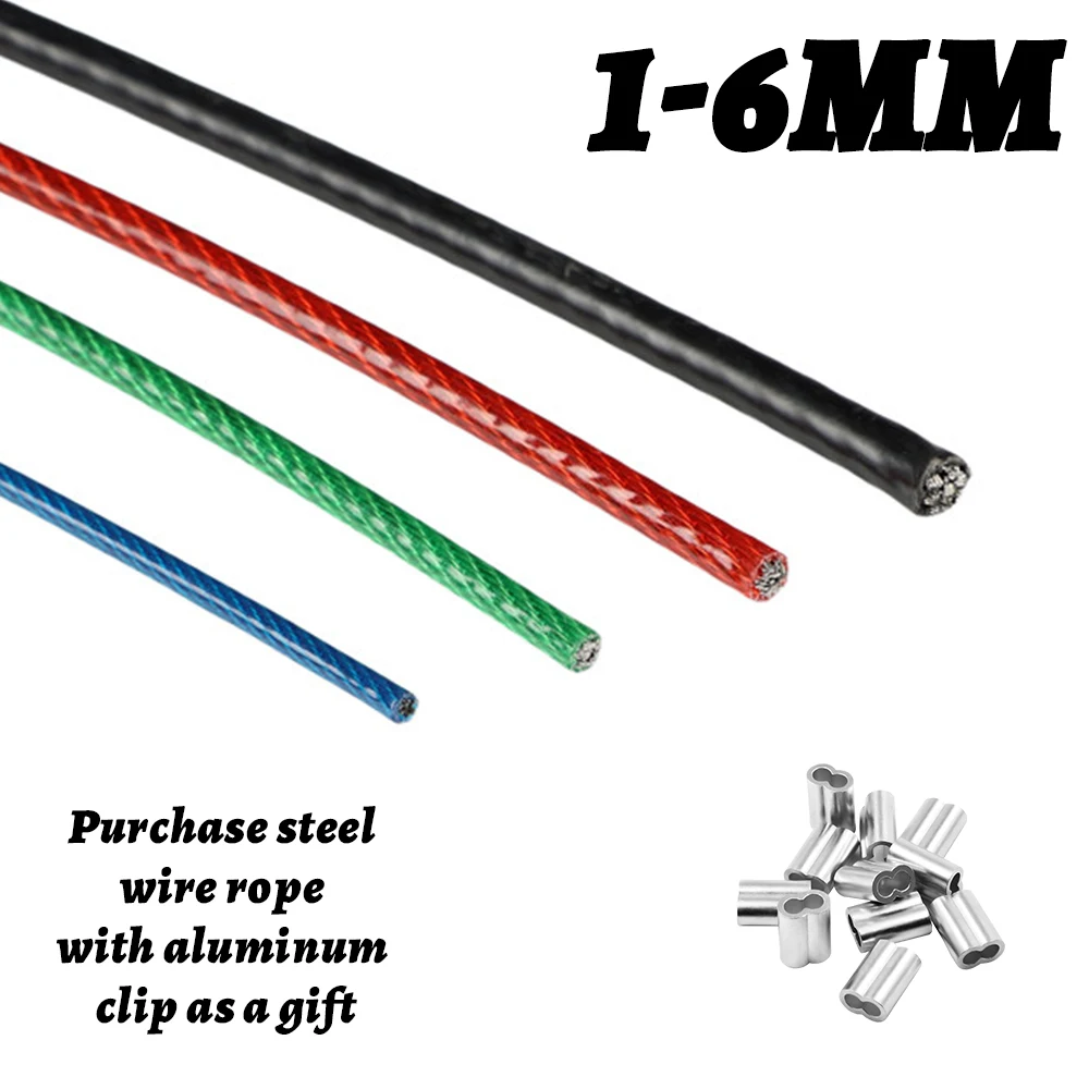 PVC Coated 304 Stainless Steel Wire Rope 1-6mm 5-100M 4 Colors: Black/Red/Blue/Green for Rigging Suspension Clothesline