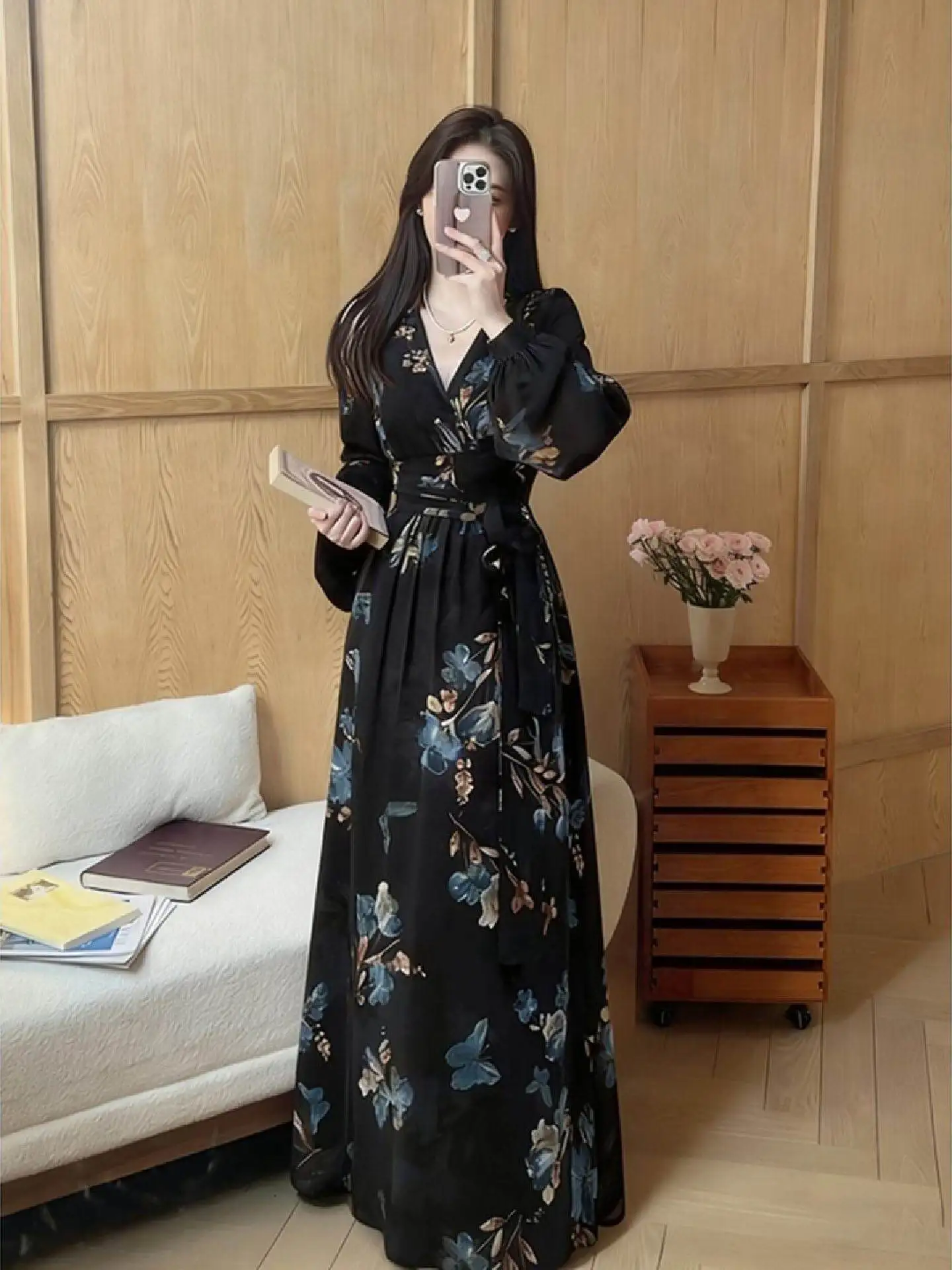 

Elegant Black Floral Print Dress Women's High Waist Slim Fit Long Dress Spring 2026 Luxury Fashion Cleanfit Style V-neck Zipper