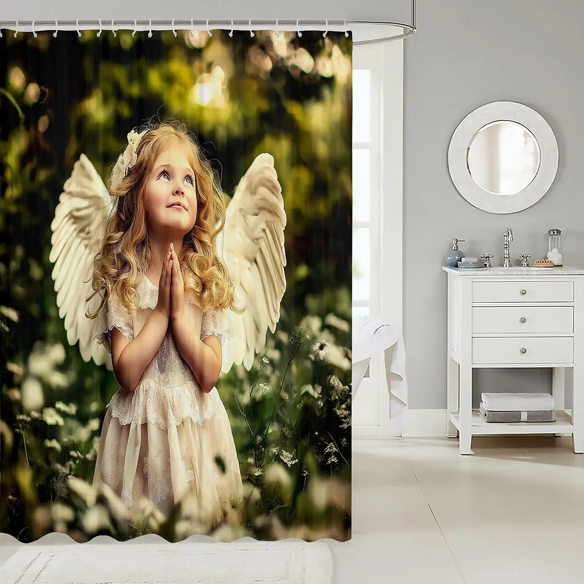 Waterproof Angelic Girl Shower Curtain Aesthetic Bathroom Decor Floral Nature Art Fantasy Print 72x72 Inches Shower Curtain