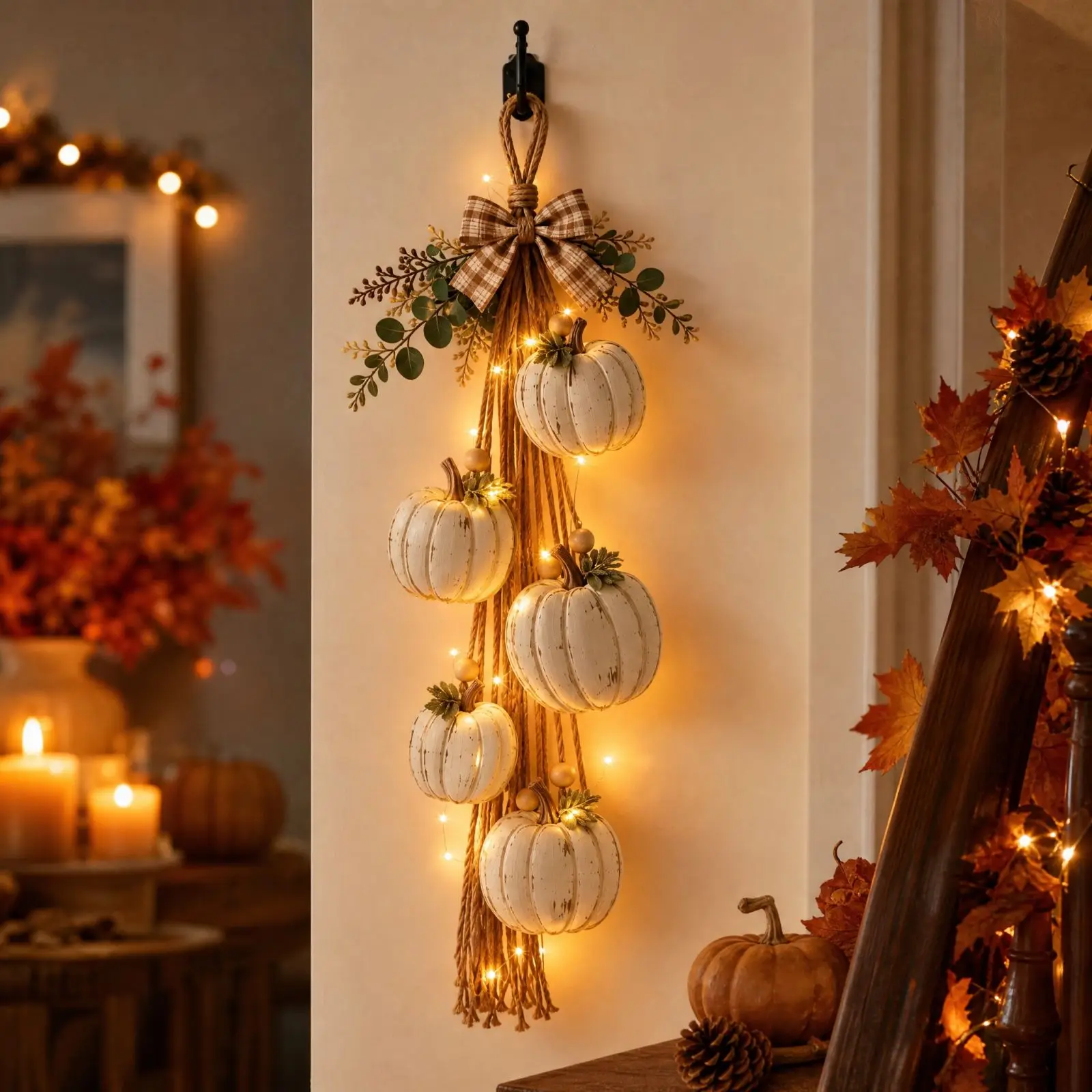  Wooden Pumpkin Shaped Pendant Wall Hanging Decor with Lights 2D Halloween Fall Hanging Ornament for Home Holiday Decoration