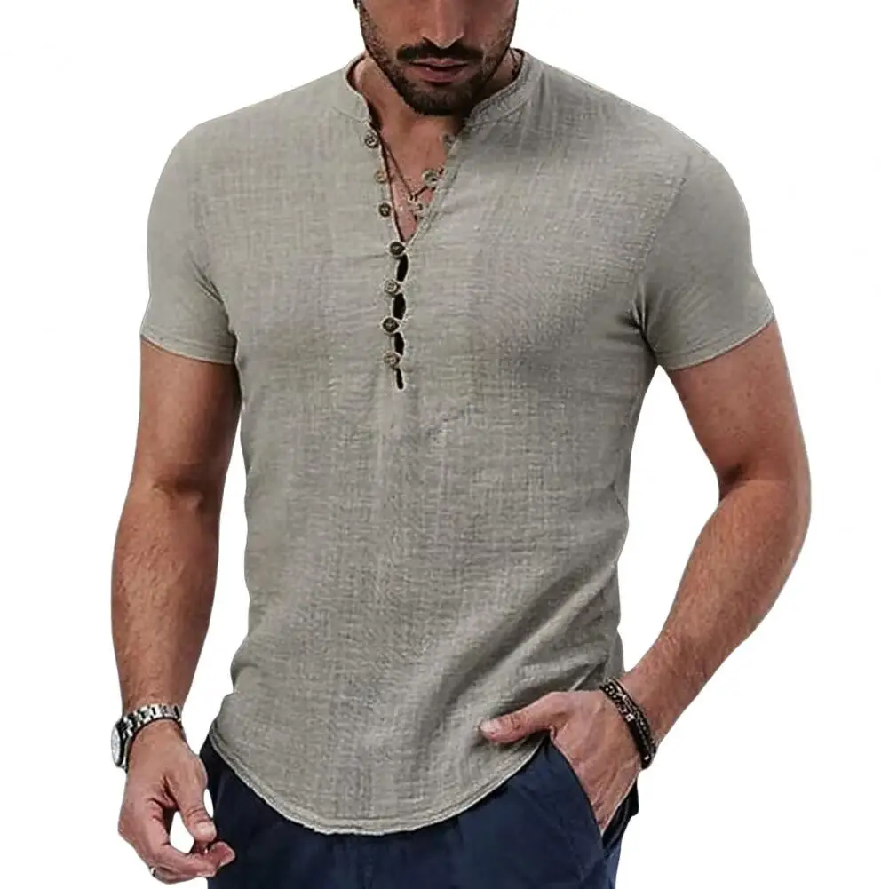 Camisa de linho de algodão manga curta masculina, camiseta com botão gola V, roupas casuais, tops masculinos populares, nova