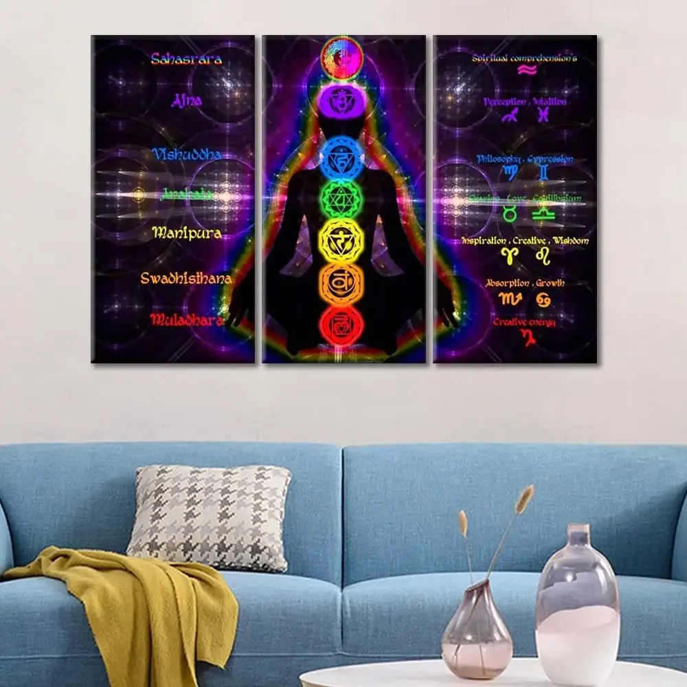 3 Panel Yoga Meditation 7 Chakras Posters HD Canvas Wall Art Pictures Accessories Paintings Home Decor Living Room Decoration