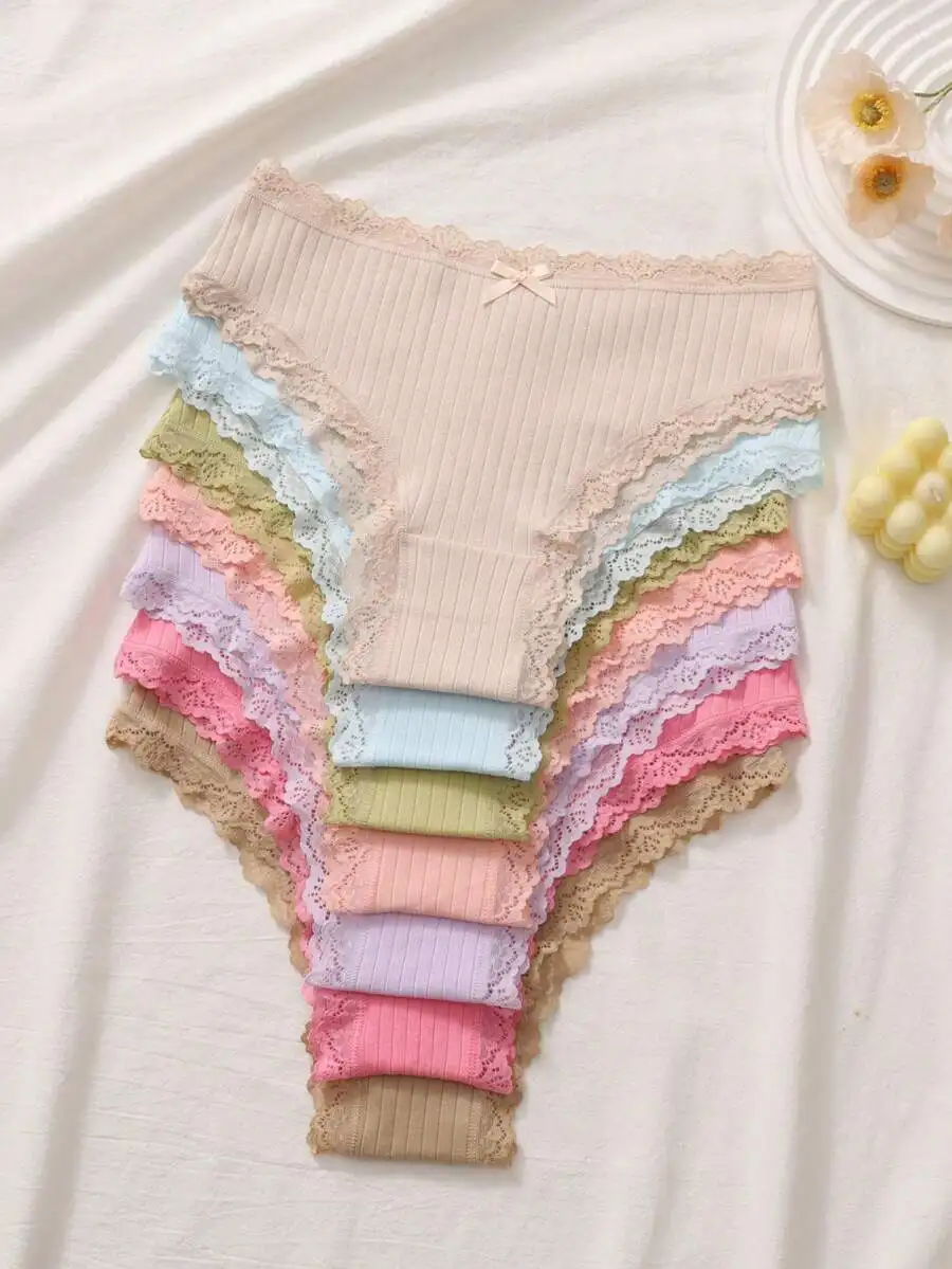 

7pcs Set Comfortable Ribbed Cotton Lace Bikini Panties For Women