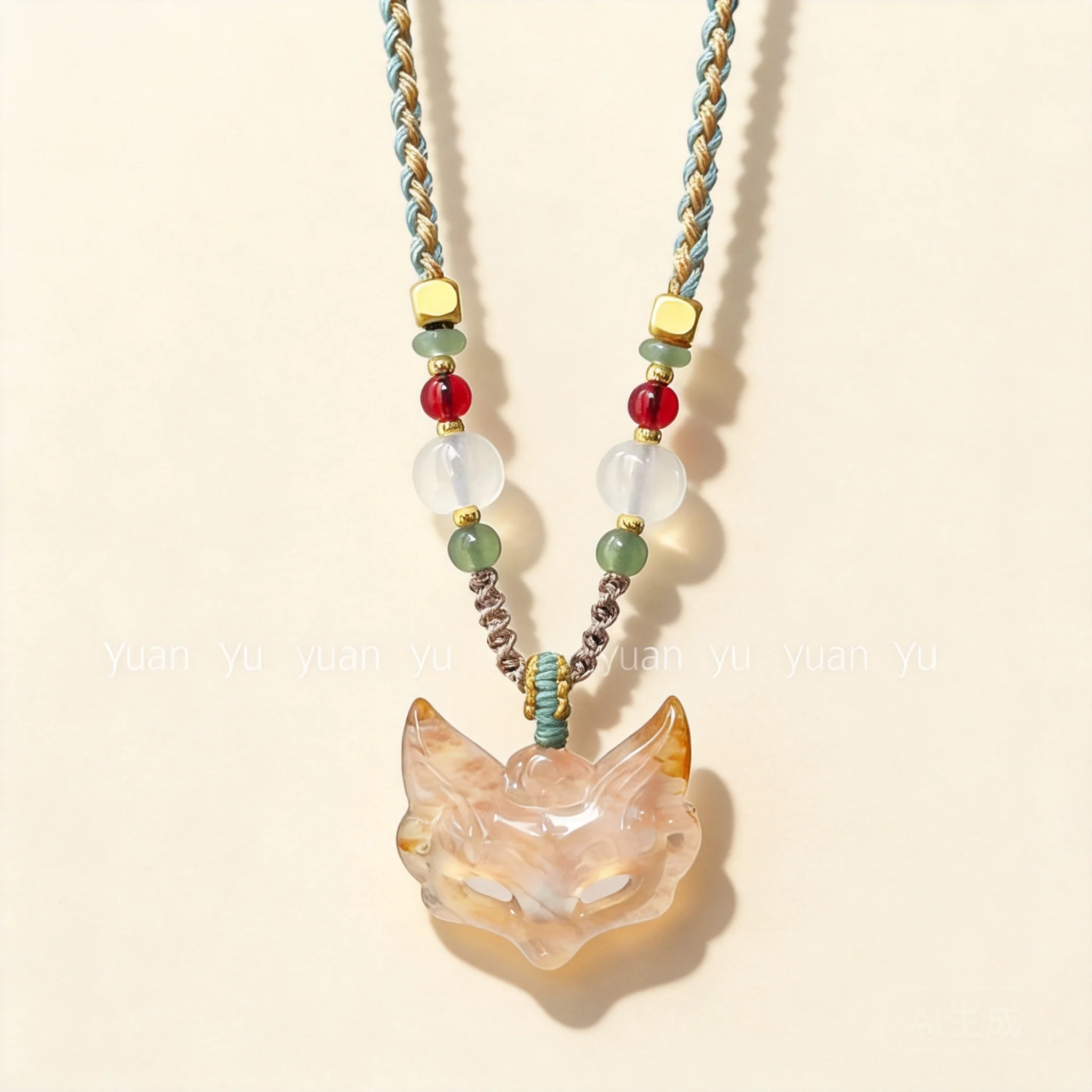 Chinese Traditional Lucky Agate Chalcedony Fox Mask Pendant Adjustable Braided Rope Necklace Hanfu Cheongsam Jewelry For Women