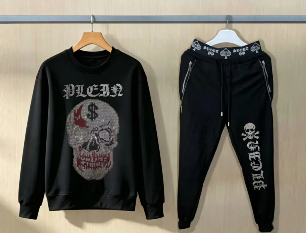 Men Hip Hop Luxury Oversize hotfix rhinestone Hoodie Fashion Suit Daily Wear Outfit Set
