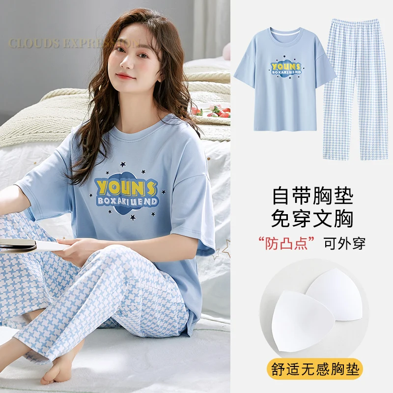 Summer Nightwear Pj Young Womens Pajama Sets Bust-Padded Pyjamas Femme Casual Sleepwear Female Loungewear Pijama Mujer Homewear