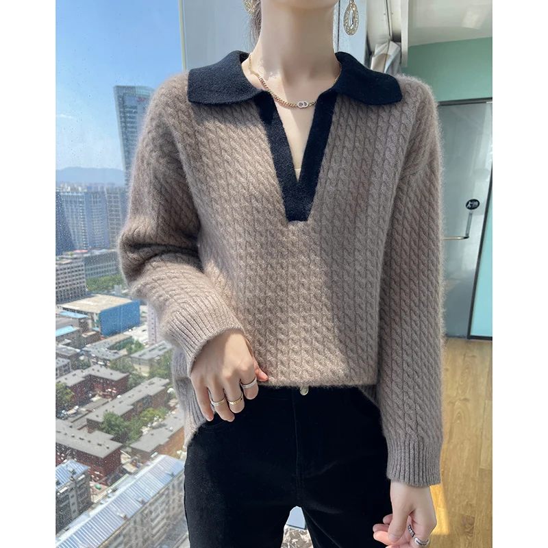 100%Wool Winter Sweater Thickening POLO Collar Tops Pullovers Casual Womens Long Sleeve Keep Warm Knitting 2023 Ladies Sweater