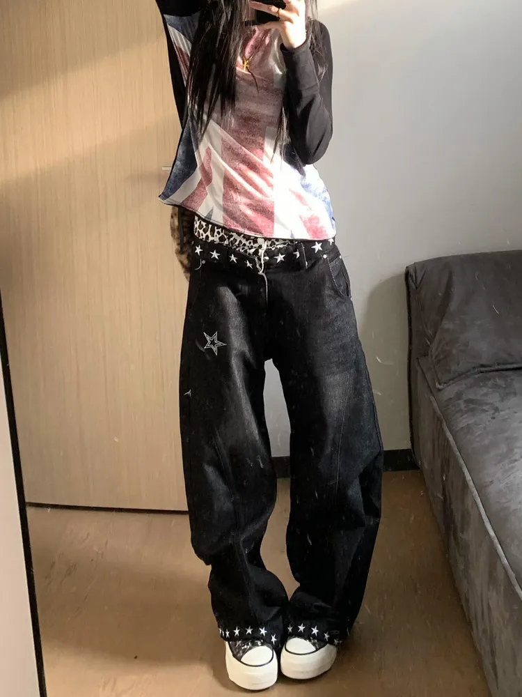 American Street Leopard Print Patchwork Star Denim Pants Loose Wide Leg Jeans Men's Women's Autumn Design Black Casual Trousers