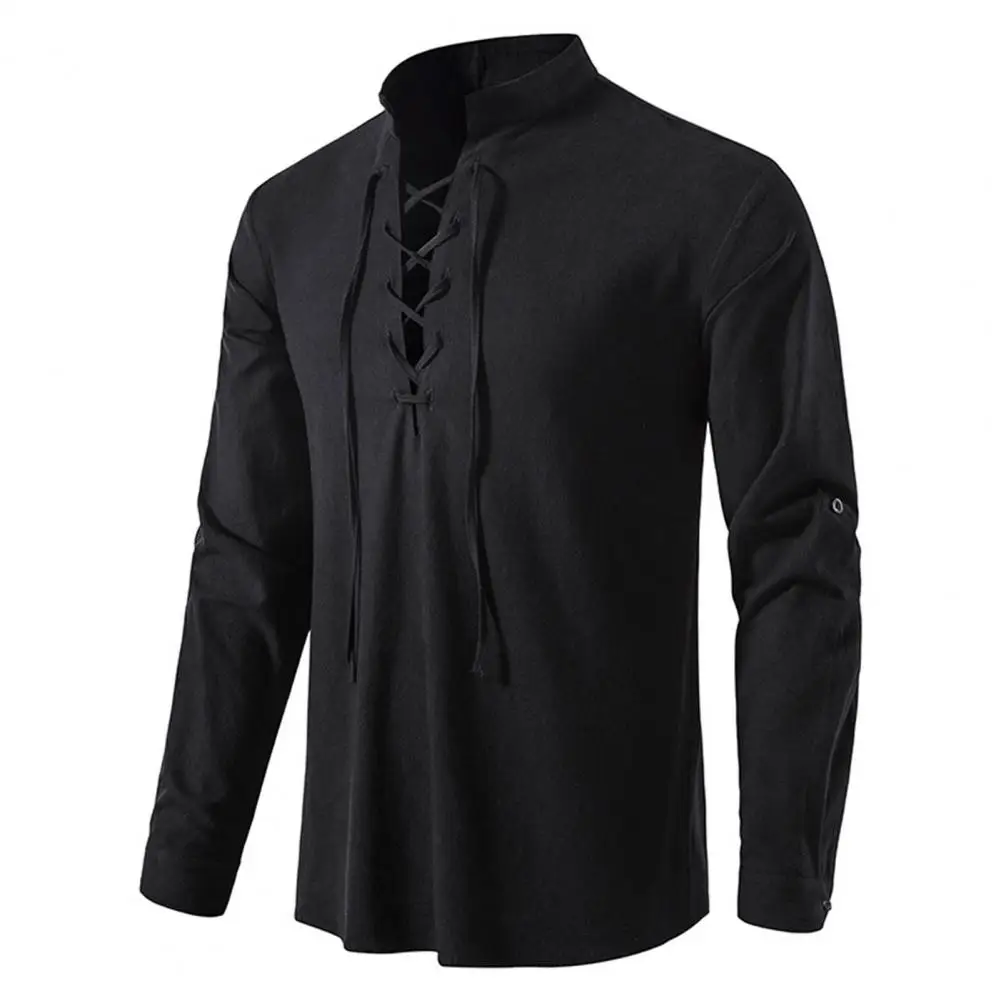 

Stand Collar Cross Lace-up Men Shirt Long Sleeve Moisture-wicking Anti-pilling Solid Color Slim Casual Top Streetwear Large Size