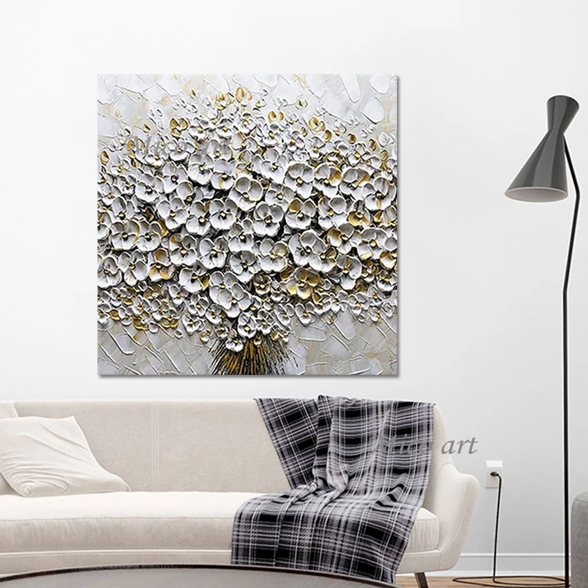 Large Palette Knife Paintings Abstract Art White Thick Acrylic Design Wall Picture Decor Frameless Flowers Painting On Canvas