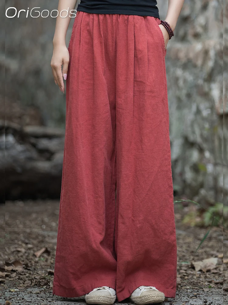 OriGoods Natural Fabric Ramie Wide Leg Pants For Women Vintage Spring Autumn Long Pants Elastic Waist Wide-leg Trousers B158