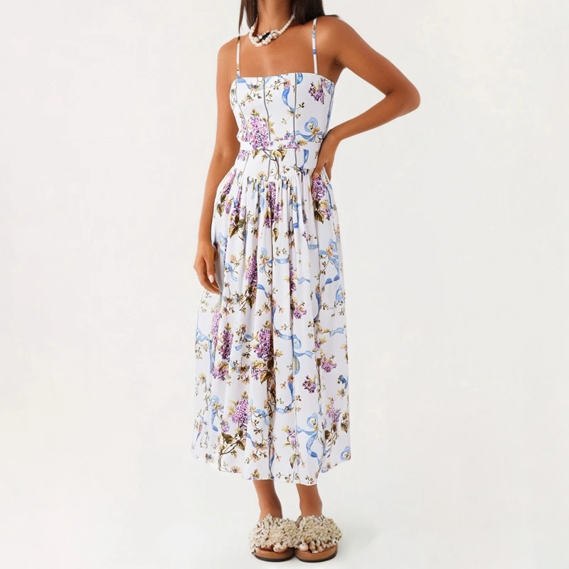 แม่ไมคิลาเบชุดเดรสยาวฤดูร้อนผู้หญิงพิมพ์ลายดอกไม้แขนกุดสลิมฟิตสายรัดปาเก็ตตี้ชุดเดรสเลดี้ ฟลอวี่ เอ-ไลน์ แม็กซี่เดรส