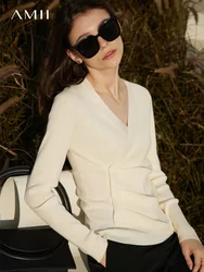 AMII Minimalism Women's Sweater 2023 Spring New Office Lady Shirring Slim V-neck Knitted Tops Pullovers Womens Clothing 12321064