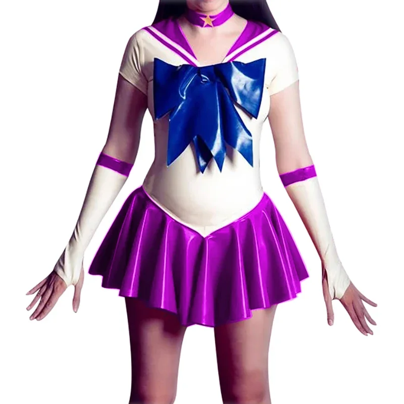 Shiny PVC Leather Sailor Moon Bows Uniform Adult Fancy Short Sleeve Skirted Bodysuits with Gloves Choker Halloween Carnival Suit