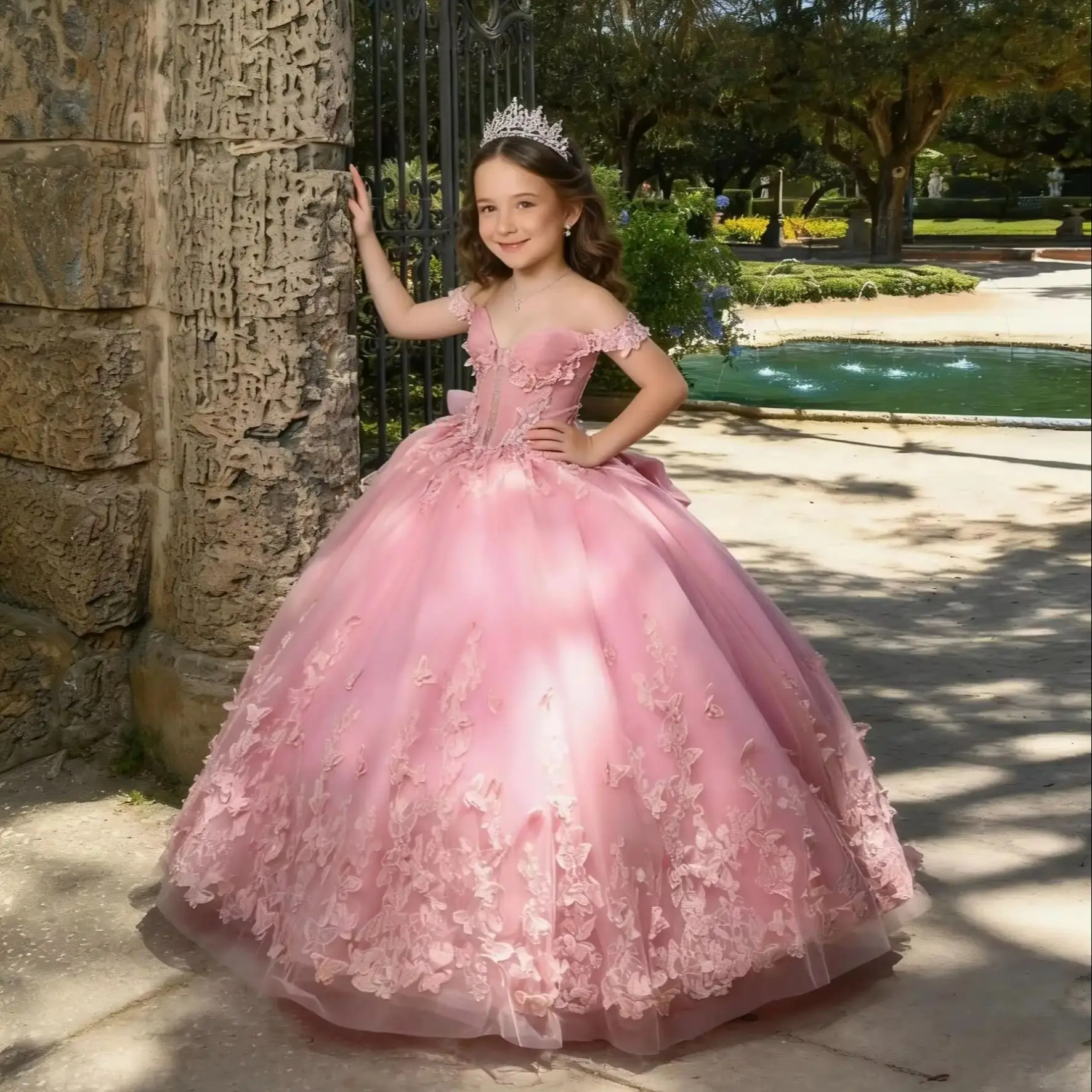 Wedding Flower Girl Dress 3D Butterfly with Ruffled Lace Applique Little Girl Prom Dress with Bow Pearl Girl Pageant Dress