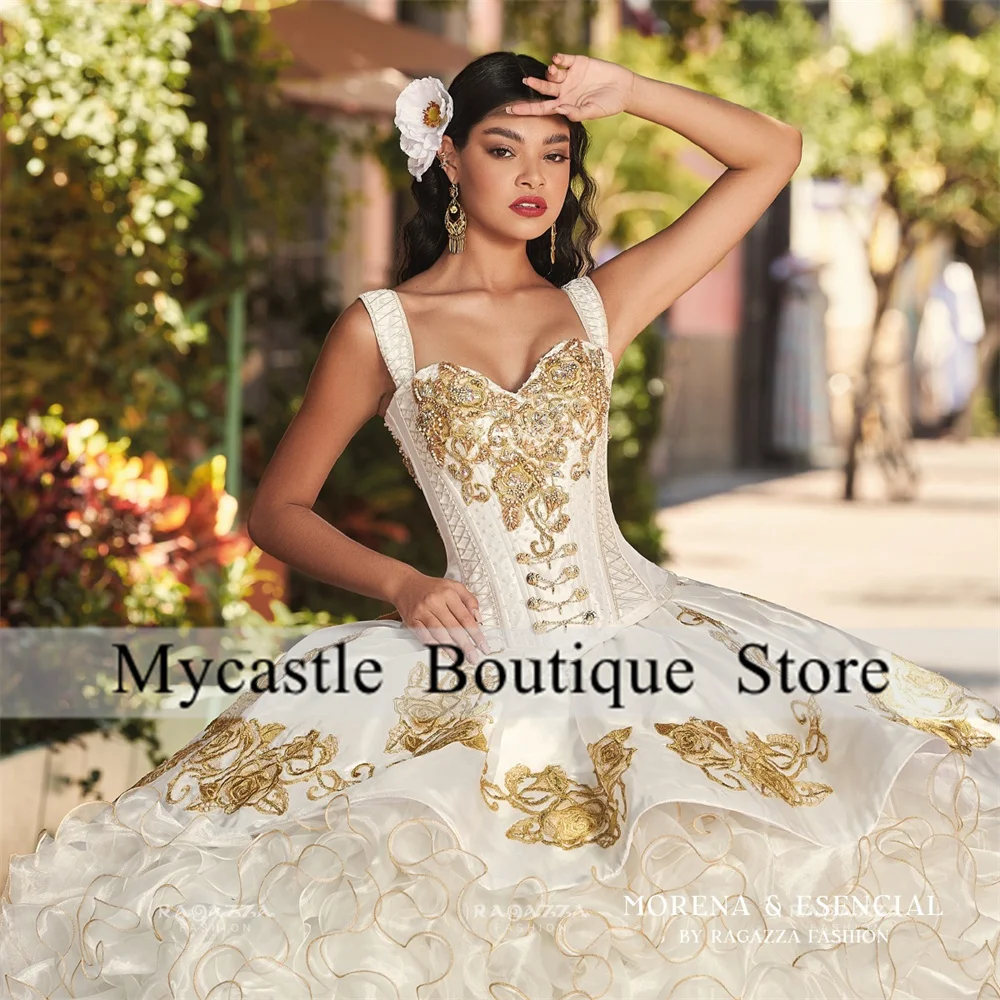 Mexico 2023 White Ball Gown Quinceanera Dresses 2023 Appliques Beads Crystal Tiered Ruffle Sweet 16 Dress Prom Party Gowns