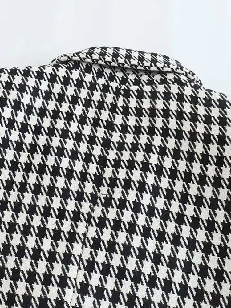 Moda feminina duplo breasted houndstooth blazer casaco vintage manga longa bolsos com aba feminino outerwear chique coletes